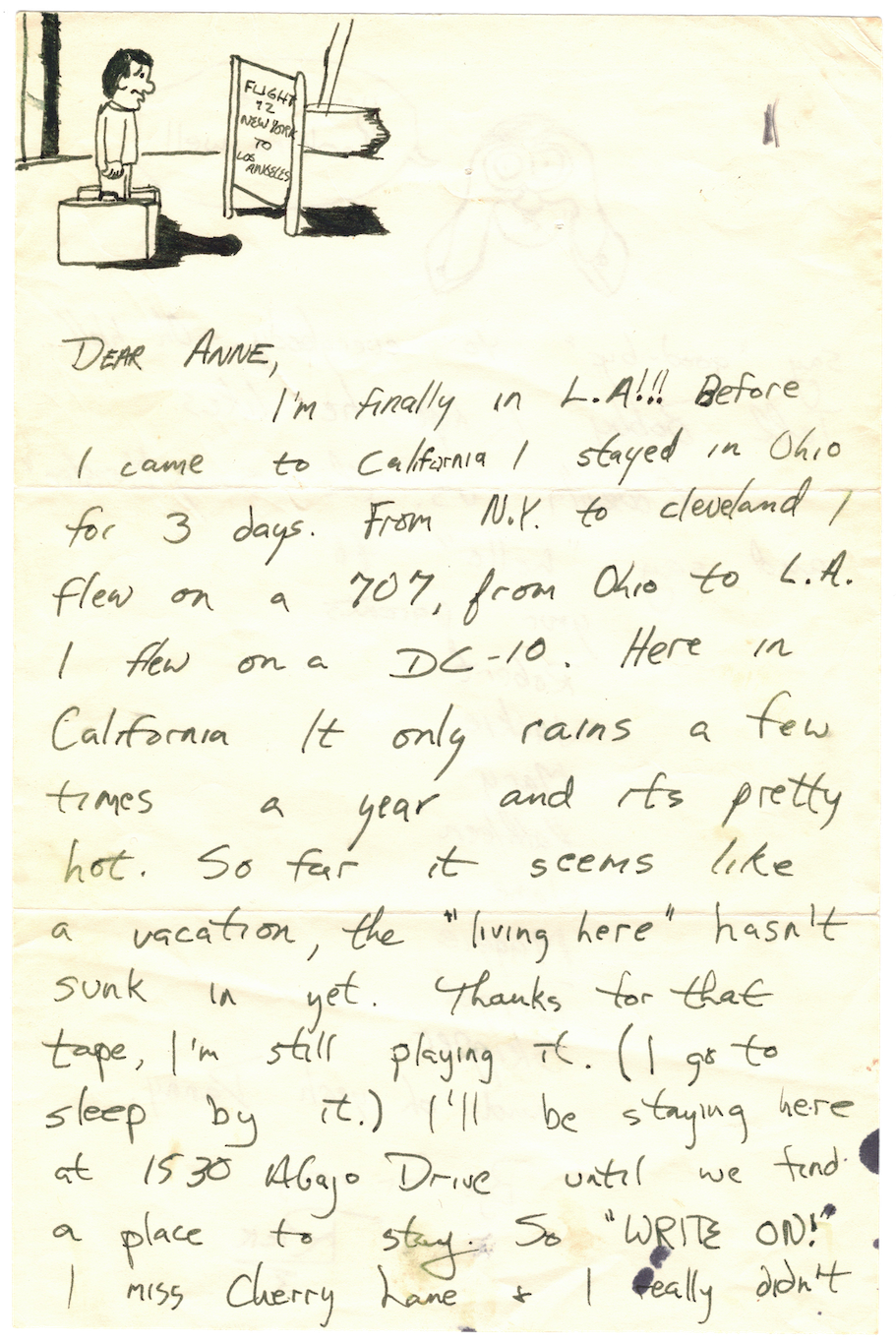 A handwritten letter from Rick to his friend Anne sharing that he made it to Los Angeles and some initial feelings.